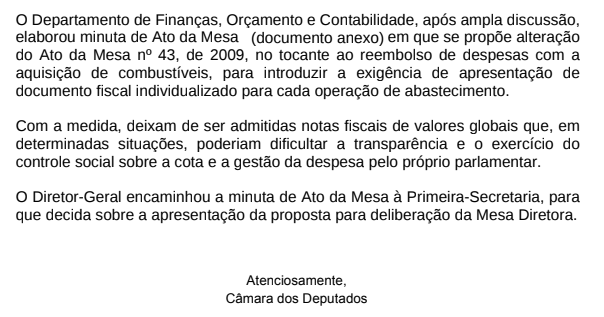 Comunicado enviado ao Instituto OPS pela Câmara dos Deputados